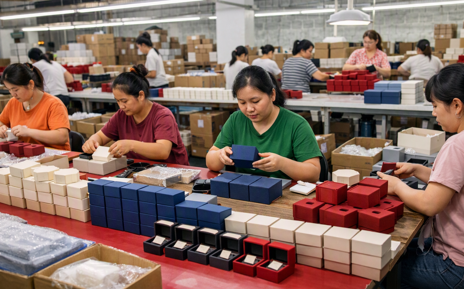 Workers assembling and packaging jewelry boxes in a manufacturing facility