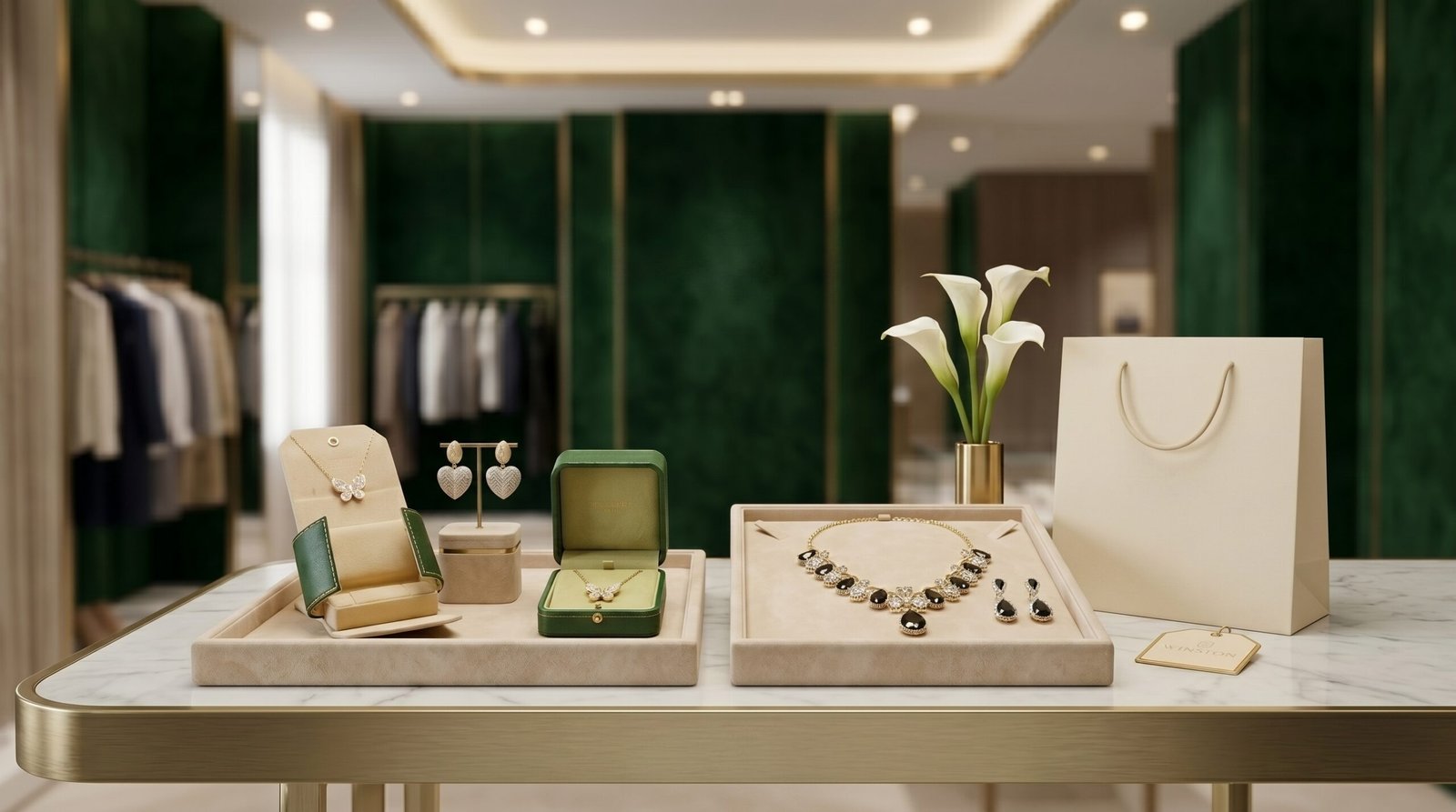 Jewelry display props and packaging showcased in a premium retail setting