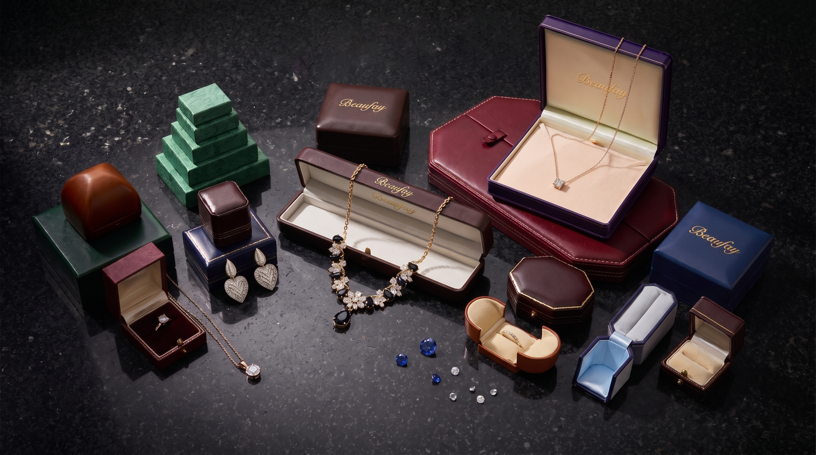 Jewelry display props and packaging showcased in a premium retail setting